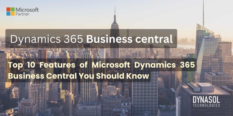 Illustration of Microsoft Business Central showcasing its top features including financial management, integration with Microsoft products, and advanced supply chain management.