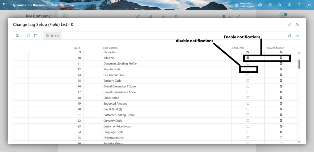 Change Log Setup Fields List