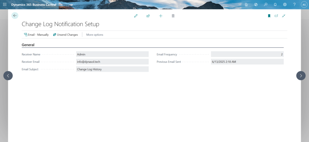 Change Log Setup Page