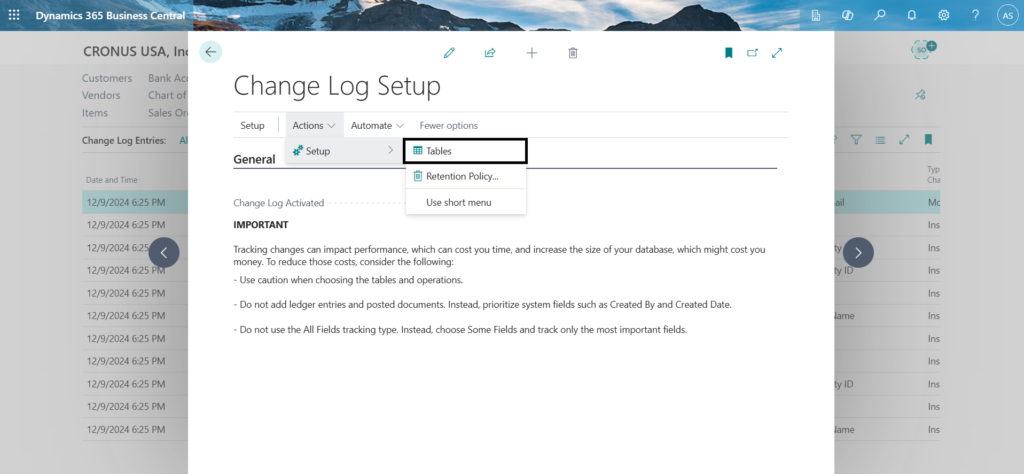 Change Log Notification Setup Page Actions