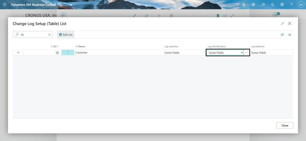Change Log Setup Tables List