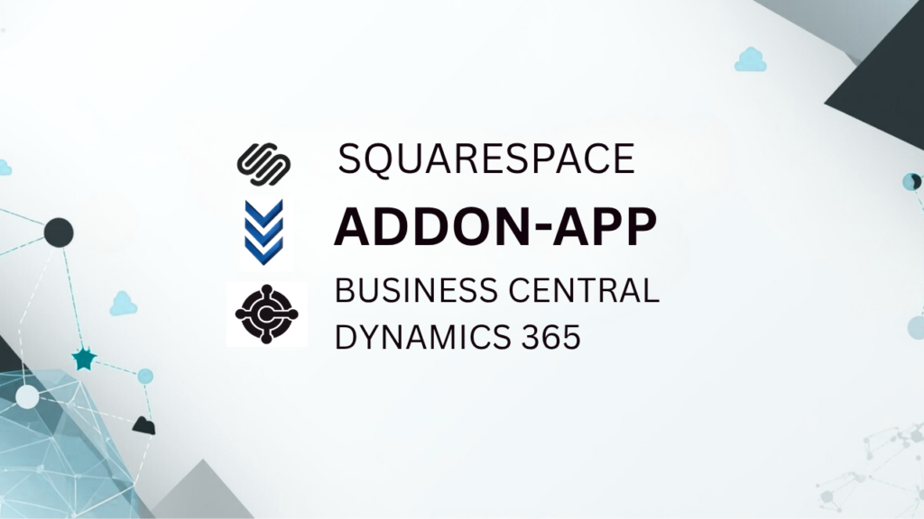 Microsoft Dynamics 365 Business Central and Squarespace integration graphic, showing a seamless data synchronization arrow to automate order and product updates.