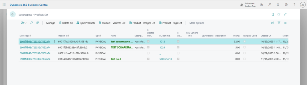 Squarespace product integration, Business Central item management, eCommerce product sync