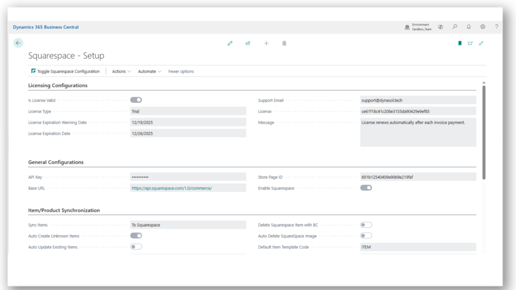 Screenshot of the Squarespace and Microsoft Dynamics 365 Business Central integration setup page showing fields for API credentials, store page configuration, synchronization settings, and multi-store management options used to enable automated order syncing and real-time data updates.