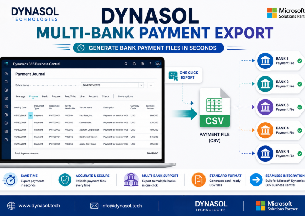Dynasol Multi-Bank Payment Export automates bank payment CSV generation for multiple banks in Microsoft Dynamics 365 Business Central.